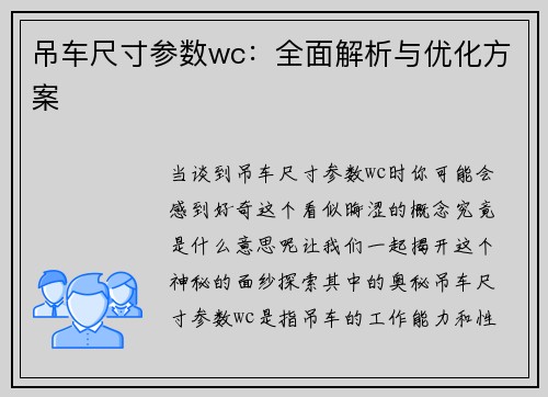 吊车尺寸参数wc：全面解析与优化方案